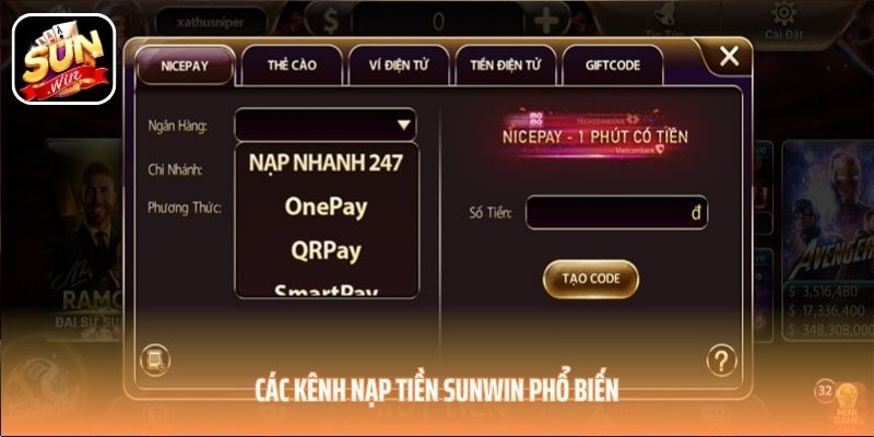 Các kênh nạp tiền SUNWIN phổ biến